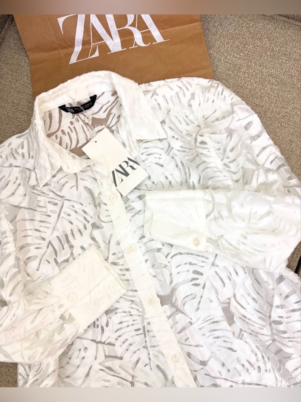 ZARA White Monstera Leaf Burnout Semi-Sheer Blouse| Size M | NWOT
